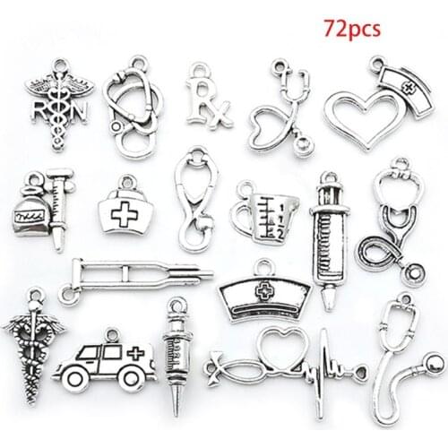 72Pcs Mixed Antique Doctor Nurse Charms Stethoscope Syringe Ambulance Pendant for DIY Necklace Jewelry Making