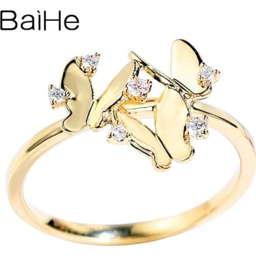 BAIHE Solid 14K White/Yellow/Rose Gold 0.06ct H/SI Round Natural Diamonds Fine Jewelry Wedding Beautiful butterfly diamond Ring