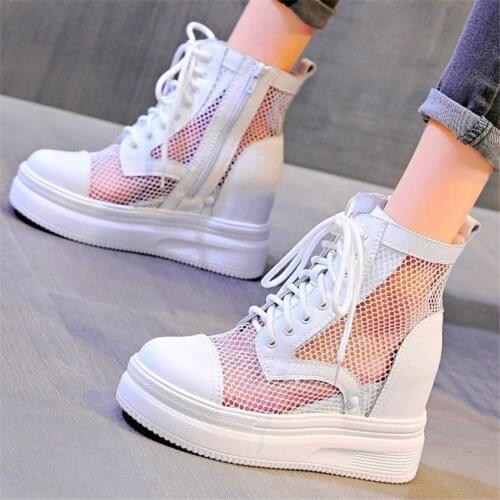 Summer Ankle Boots Womens Cow Leather Sandals Platform Wedge Fashion Sneakers High Heels Lace Up Round Toe Casual Punk Shoes