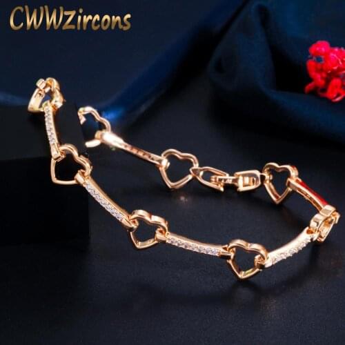 CWWZircons Shiny Cubic Zircon Gold Color Cute Love Heart Shape Charm Bracelet Bangle for Women Trendy Brand Jewelry Gift CB230