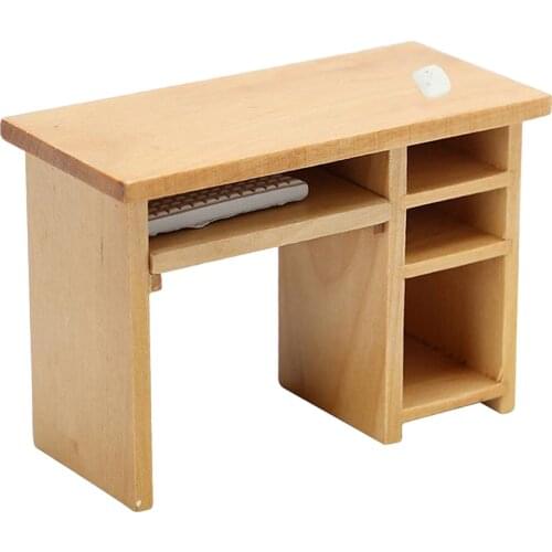 Mini Wooden Computer Desk with Mouse and Keyboard Toy,Miniature Study Room