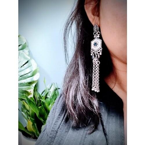 Indian Jhumka Earrings for Women Vintage Oxidized Silver Color Metal Long Tassel Hanging Earrings Tribal Afghan Jewelry Gift