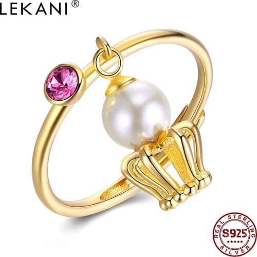 LEKANI S925 Sterling Silver Rings Women Gold Color Crown Adjustable Shell Pearl Ring Anniversary Fine Jewelry New Arrivals