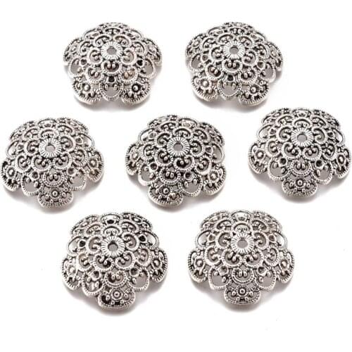 10pcs Flower Alloy Bead Cap Tibetan Silver End Beads Caps for Diy Jewelry Making Bracelets Accessories 31x30.5x8mm Hole: 2mm