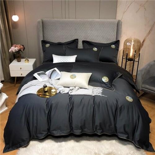 Pure Black Egyptian Cotton Soft Hotel Quality Duvet Cover set with simple Embroidery Bedding Set Queen King 4Pcs Soft Breathable