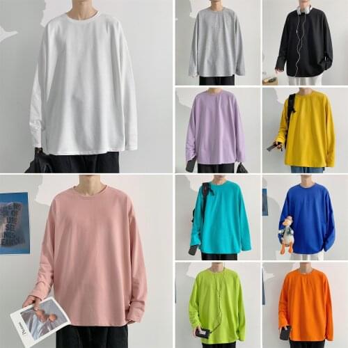 2021 mens spring and autumn couples all-match candy color round neck cotton long-sleeved T-shirt loose trend bottoming shirt sw