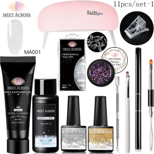 MEET ACROSS Nail UV Gel Kit LED Lamp False Nail Extension Builder Set Acrylic Solution Lacquer Base Top Coat Polish Manicure Set