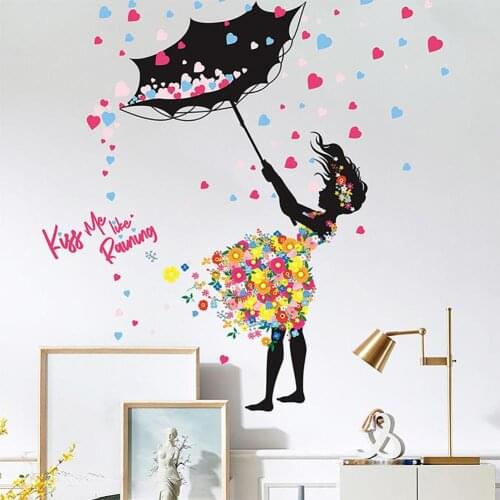 DIY Art Wall Decals Cute Umbrella Butterfly Flower Girl Fairy Wall Stickers For Kids Rooms Living Room Bedroom Home Decor Mural