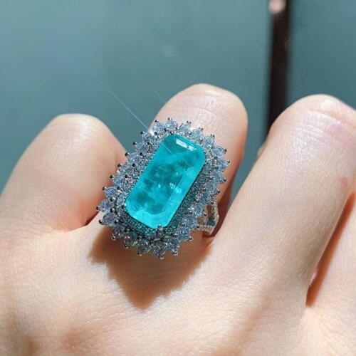 New Arrival 8*16mm Paraiba Tourmaline Aquamarine Lab Diamonds Cocktail Party Ring For Women 925 Sterling Silver Fine Jewelry