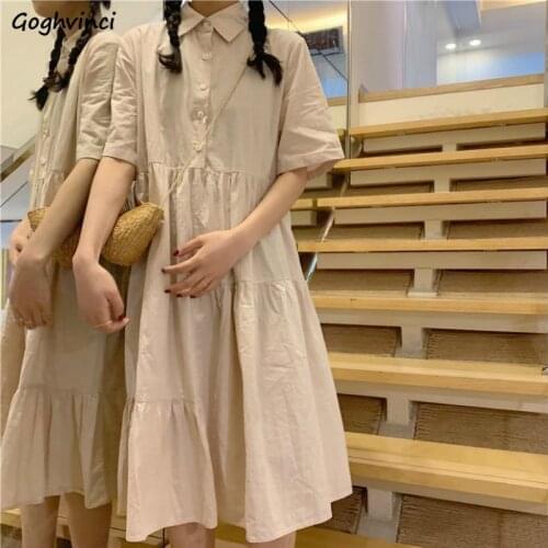Short Sleeve Dress Women Summer Button Turn-down Collar Solid Kawaii Students Pleated Womens Elegant A-line All-match Slim New