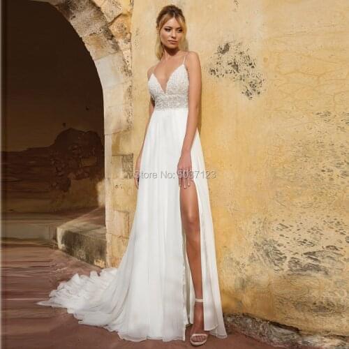Beach Wedding Dresses Vestido De Noiva V Neck A Line Spaghetti Straps High Slit Lace Appliques Court Train Backless Bridal Gowns