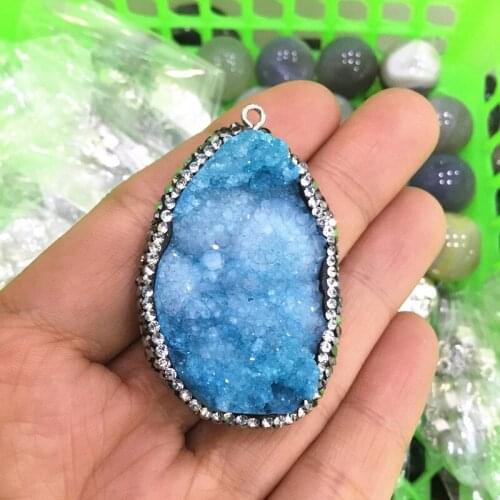 Natural Rough Raw Crystal Cluster Electroplated Blue Drusy Pendant Diamond Edge For Gifts