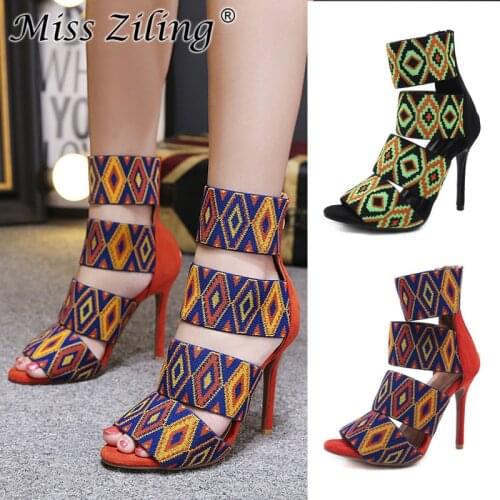 New summer word with sandals female wild simple Women Sandals Round Toe Stretch Fabric 11CM Thin High heels Slip On ZIP shoes