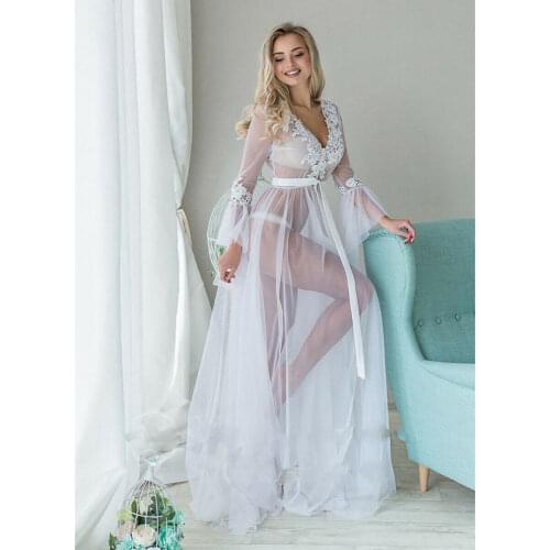 Sexy Women Lingerie Lace Cover ups Babydoll Long Flare Sleeve See-through Mesh Sheer Ladies Floral V neck Long Robes Dress