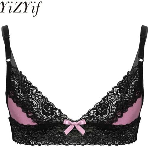 Sexy Men Bra Mens Erotic Sissy Lingerie Floral Lace Trim Wire-free Unlined Bra Tops Gay Underwear Lace Bra Sissy Gay Male Bra