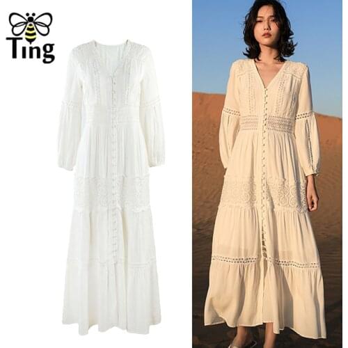 Tingfly Bohemian Chic Single Breasted Lace Embroidery Boho Long Dress V Neck Women Casual Boho Dress Vestidos Zafual Elbise