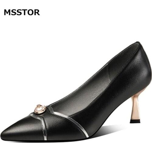 Black Shoes For Women Rivet Concise Elegant Office Mixed Color Heels Heels Pumps Ladies Genuine Leather Slip-On Shallow