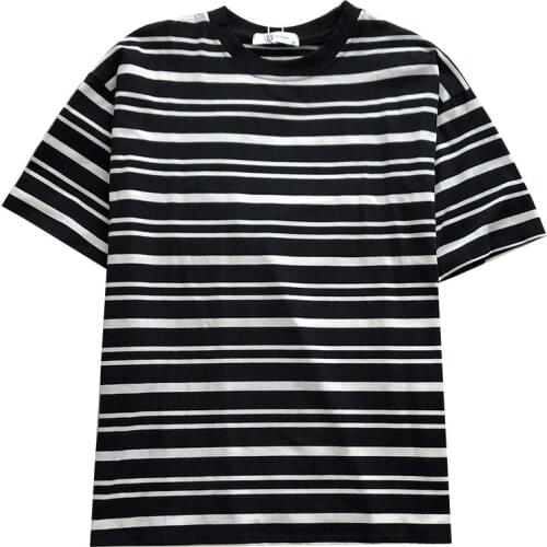 Comfortable black white striped summer o neck loose short sleeve T-shirt