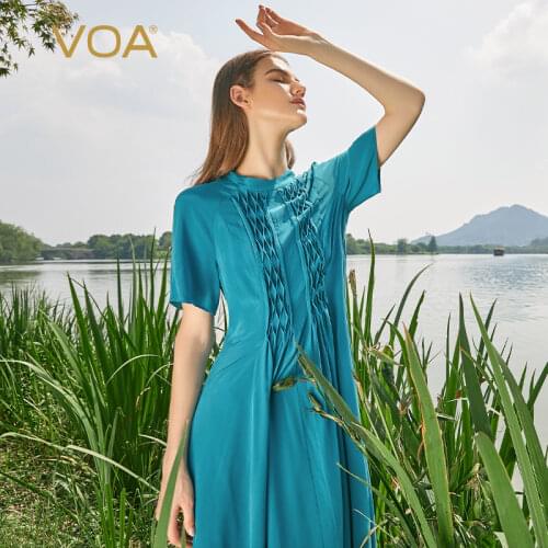 VOA Silk Crepe De Chine O-Neck Short Sleeve Indigo Blue Three-dimensional Fold Birthday Present Summer Elegant Dress Woman AE950