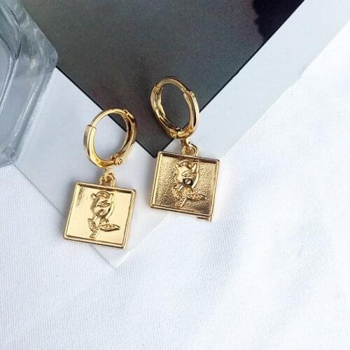 WTLTC Bohemia Rose Flower Disc Hoop Earrings for Women Small Square Shaped Coin Earrings Personality Drop Disk Hoops Earrings