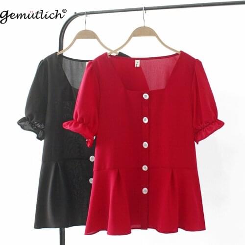 GEMUTLICH Women Summer Big Size Shirt Short Sleeved Square Collar Chiffon Blouse Sweet Top XL-4XL Black Red