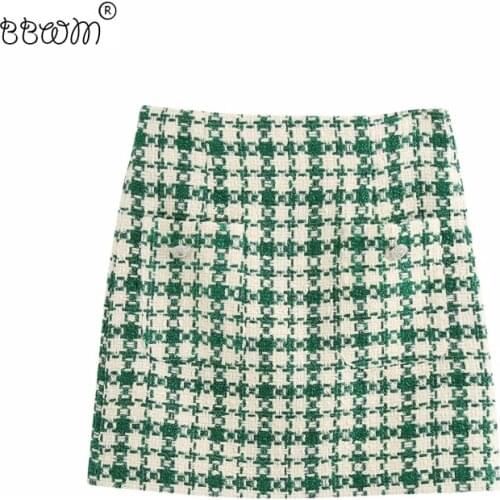 Stylish Chic Pockets Green Plaid Tweed Mini Skirt Women 2020 Fashion High Waist Skirts Casual Jupe Femme