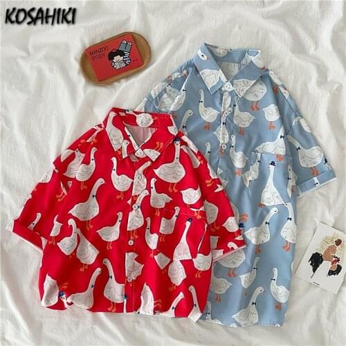 KOSAHIKI Harajuku Blouse Vintage Womens Shirt Caroon Print Korean Women Tops 2021 Kawaii Blusas Summer Casual Student Shirts