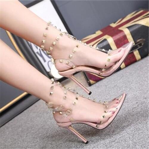 2019 Fashion Women Rivets 11cm High Heels Shoe Ladies Pointed Toe Stiletto Valentine Sandals Gladiator Woman Party Studded Shoes