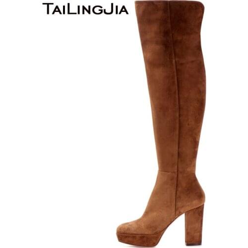 Women Brown Faux Suede Platform High Heel Over the Knee High Boots Ladies Round toe Chunky Heel Long Boots with Zipper Big Size