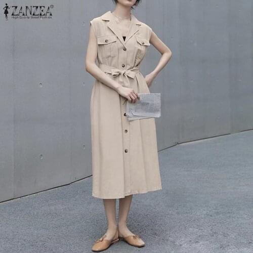 Womens Summer Sundress Stylish Lapel Shirt Dress 2021 ZANZEA OL Style Sleeveless Midi Vestidos Belted Female Pockets Robe 5XL 7