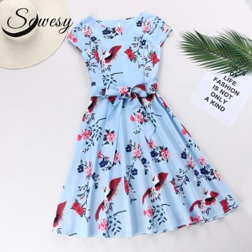 Elegant Dresses Women Summer 2019 New Arrival Casual Short Sleeve Flower Print Dress Women Knee Length Fit And Flare Dress
