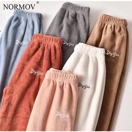 NORMOV Winter Warm Pants Women High Waist Flannel New Sleep Bottom Plus Velvet Soft Daily Homewear Casual Loose Pants Women