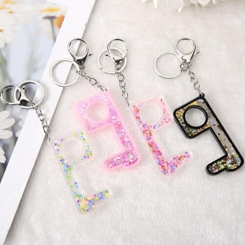 1PC No Touch Door Opener Keychain Contactless Use of Phone, Atm,Elevators and POS Women Handbag Keyring Glitter Hollowed-Out