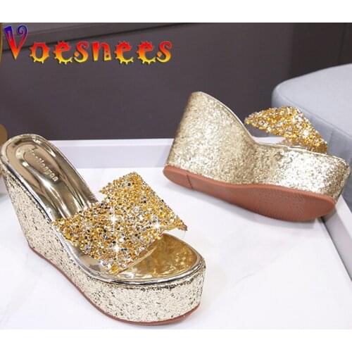 Summer New Fashion Show Chain Bling Slippers Comfortable Peep Toe Wedges Sandals 11CM Super High Heel Sweet Women Platform Shoes