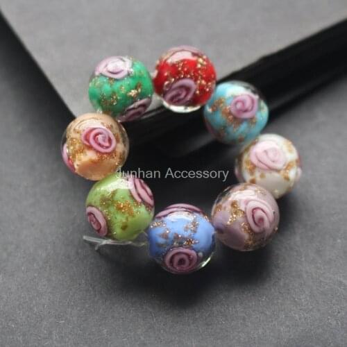 10Pcs/Lot 10mm 12mm Handmade Lampwork Flower Beads Mix Color With Gold powder Japanese Style for jewelry