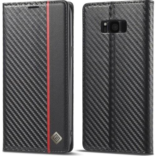 Carbon Fiber Case For Samsung Galaxy S21 Ultra S9 Note 20 S10 Plus Wallet Leather Shell Card Slots Business Magnetic Flip Cover