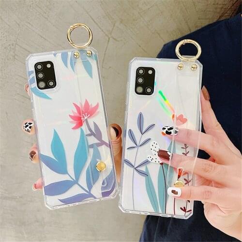 Flowers Wrist Strap Case For Samsung Galaxy A12 A52 A72 A51 A71 A21S A31 A70 A50 A30S S20 FE S21 Ultra Soft Silicon Stand Cover