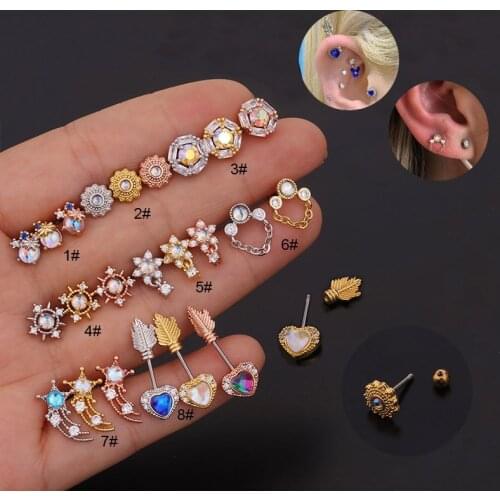 Chissen 1PC CZ Piercing Earrings Flower Geometric Stud Earrings Screw Nostril Piercing Copper Ear Bone Body Jewelry for Women
