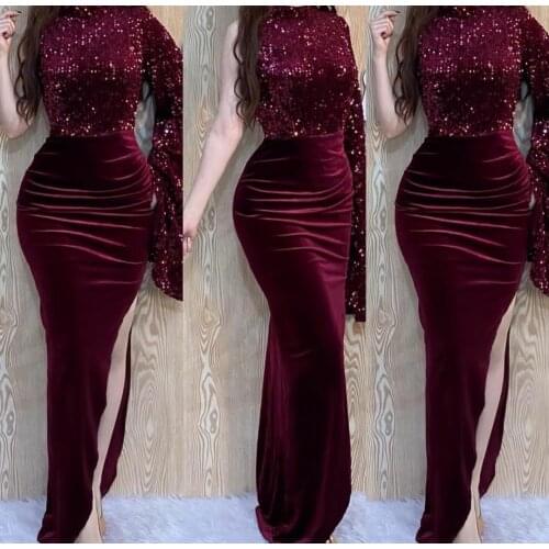 Elegant Long Sequin Velvet Evening Dresses with Slit Burgundy Zipper Back High Neck Abendkleider Formal Party Gown for Women