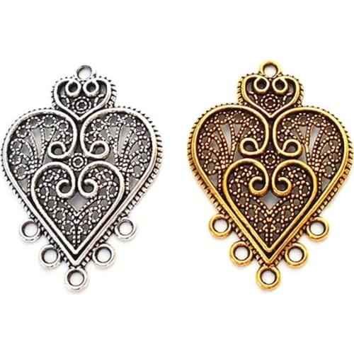 20 x Tibetan Silver/Gold Filigree Heart Chandelier Connector Multi Strand Charms Pendants for Earring Jewelry Making Findings
