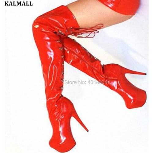 KALMALL Stage Dancer Shoes Pole Thigh High Boots Platform Lace up over the Knee Sexy Fetish Stiletto Heel Long Boots 15 cm Heels
