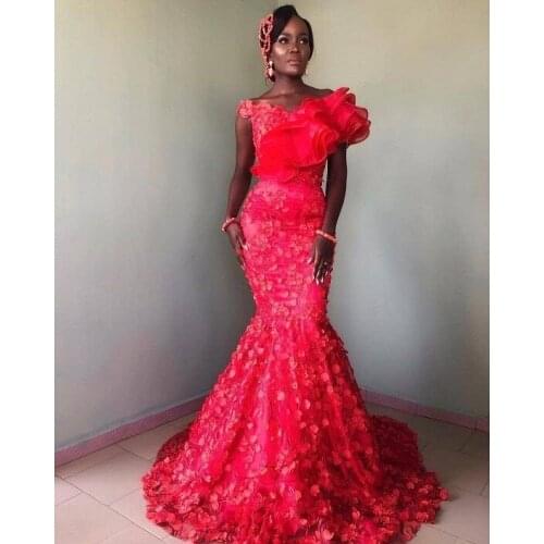 Red Mermaid Prom Dresses 3D Handmade Flowers Appliques For Black Women Formal Evening Event Long Party Gowns 2020