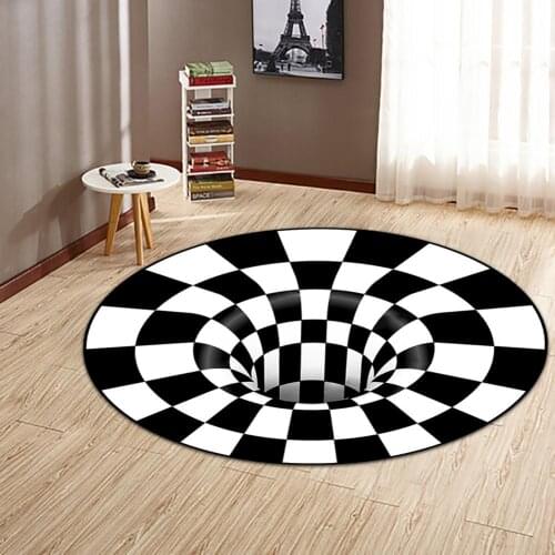 Round 3D Vortex Illusion Rug Print Swirl Bottomless Hole Carpet White Black Geometric Optical Floor Mat Living Room Decor Pad