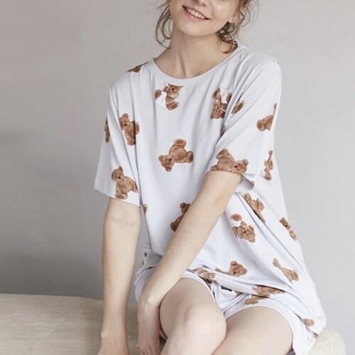 Summer Pajamas Women Cartoon Bear loose sleepwear Home Suit Soft Sets Two Piece Homewear short pajama for womens lounge wear