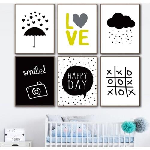 Love Happy Day Smile Rain Xo Poster Nursery Wall Art Cartoon Print Canvas Painting Child Picture Nordic Kids Baby Room Decor