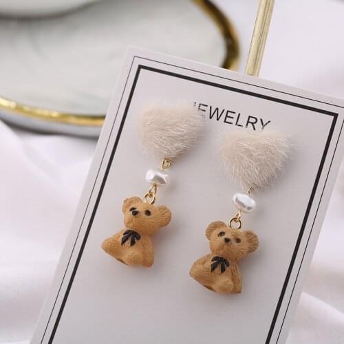 Fashion Sweet Cute Flocking Bow Bear Stud Earrings Korean Fashion Animal Women Ear Jewelry Gifts Autumn Winter New