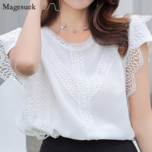 Plus Size Women Shirts Blouses 2021 Summer Short Sleeve Solid Women Tops and Blouses Lace Patchwork White Shirt Blusas 4835 50