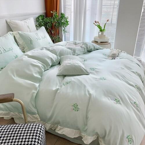 Luxury 100% Tencel Bedding Set King Queen Size Embroidery Floral Summer Silky Soft Double-sided Silk Duvet Cover Bed Sheet Set