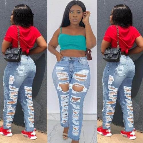 Hole boyfriend Jeans Womens Straight Bleached Pocket Casual Ripped Denim Pants ladies High Waist Mom Jeans Streetwear trousers