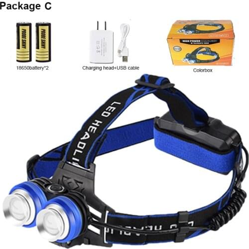 LED Headlamp rechargeable headlight 2xT6 LED 8000 Lumens 4 lighting modes Outdoor hands-free camping fishing cycling lights